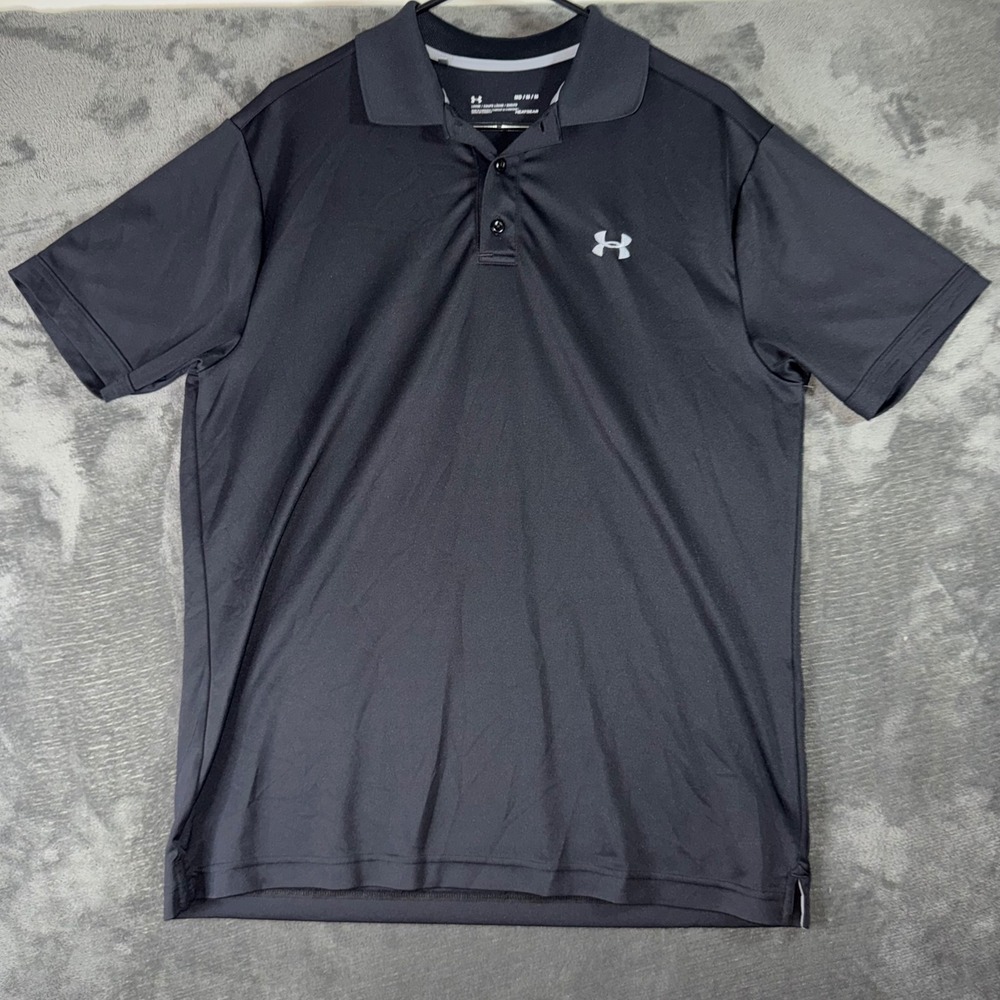 Mens MD Under Armour Polo Shirt Black Excellent HeatGear Loose Fit Short Sleeve